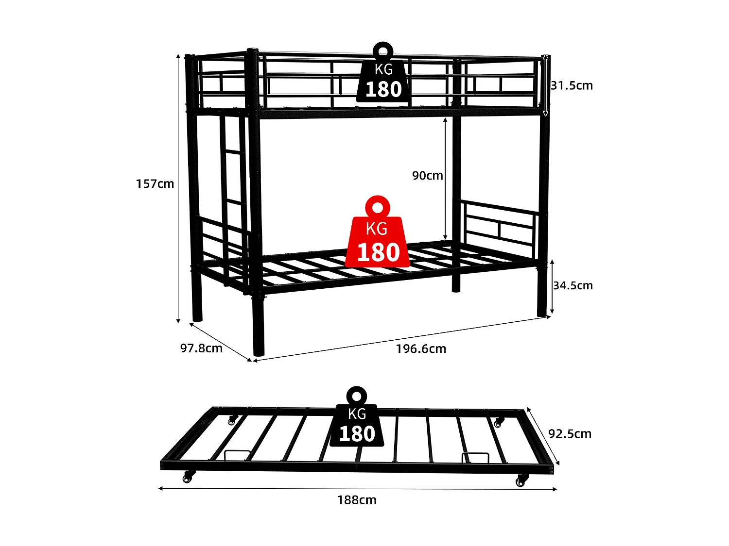 Stapelbed 90x190 cm met uitschuifbed 90x190 cm - Metalen kinderbed - Zwart