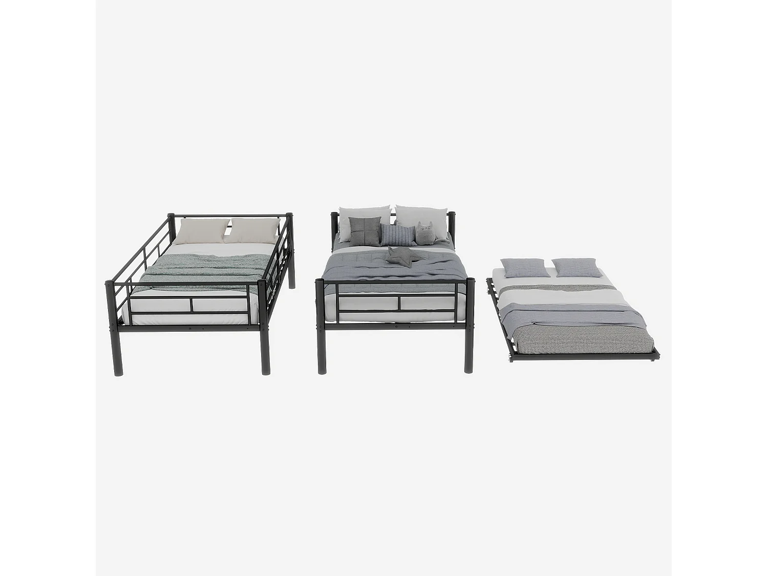 Stapelbed 90x190 cm met uitschuifbed 90x190 cm - Metalen kinderbed - Zwart
