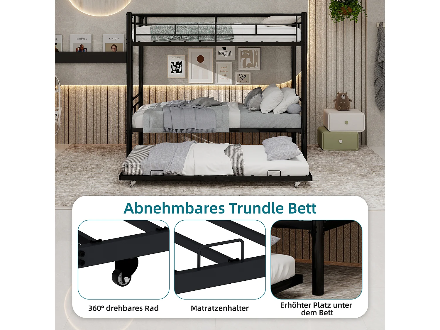 Stapelbed 90x190 cm met uitschuifbed 90x190 cm - Metalen kinderbed - Zwart