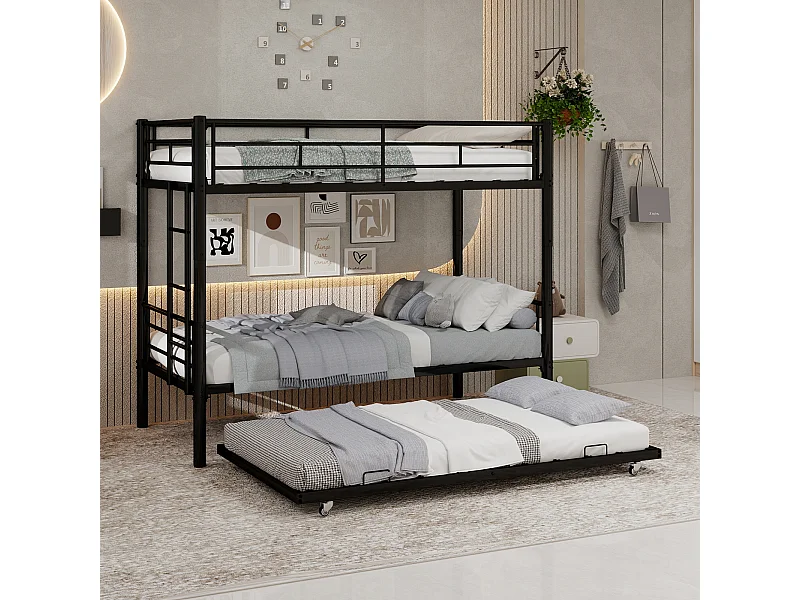 Stapelbed 90x190 cm met uitschuifbed 90x190 cm - Metalen kinderbed - Zwart