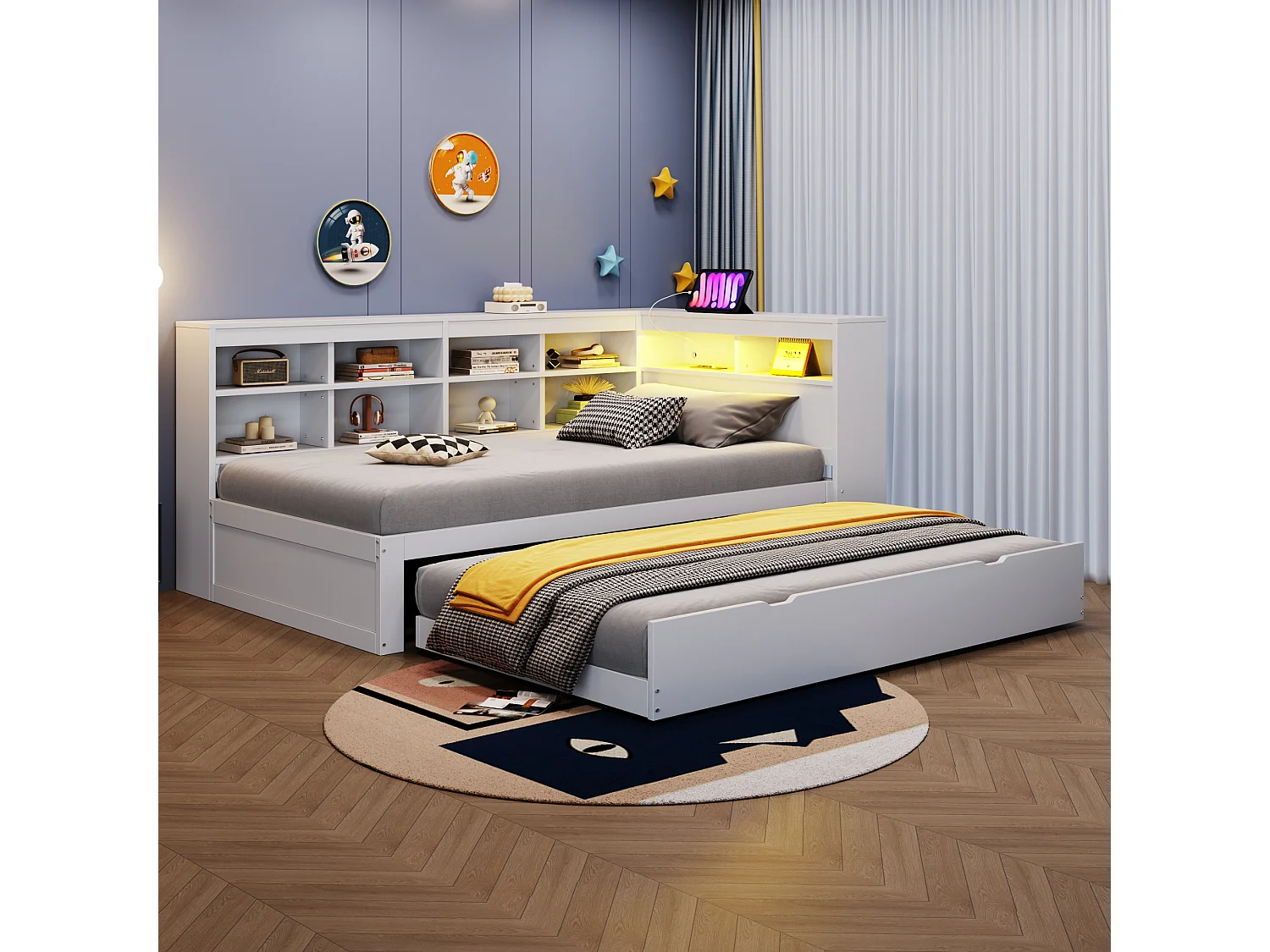 Lit banquette enfant 90 x 200 cm avec lit gigogne 90x190cm - prise USB, LED et rangement - Blanc