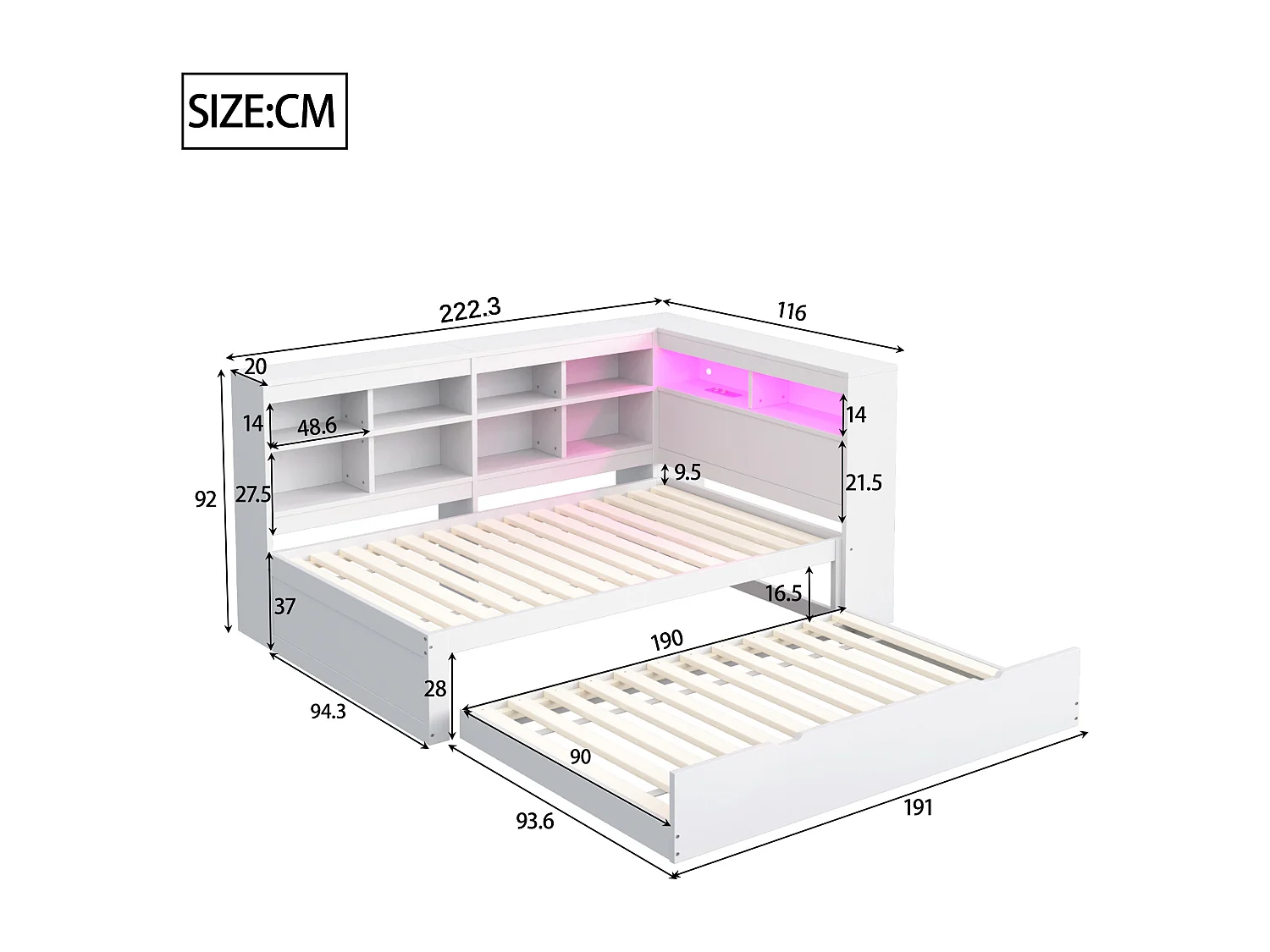 Lit banquette enfant 90 x 200 cm avec lit gigogne 90x190cm - prise USB, LED et rangement - Blanc
