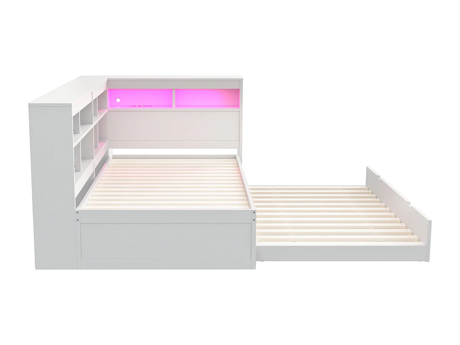 Lit banquette enfant 90 x 200 cm avec lit gigogne 90x190cm - prise USB, LED et rangement - Blanc