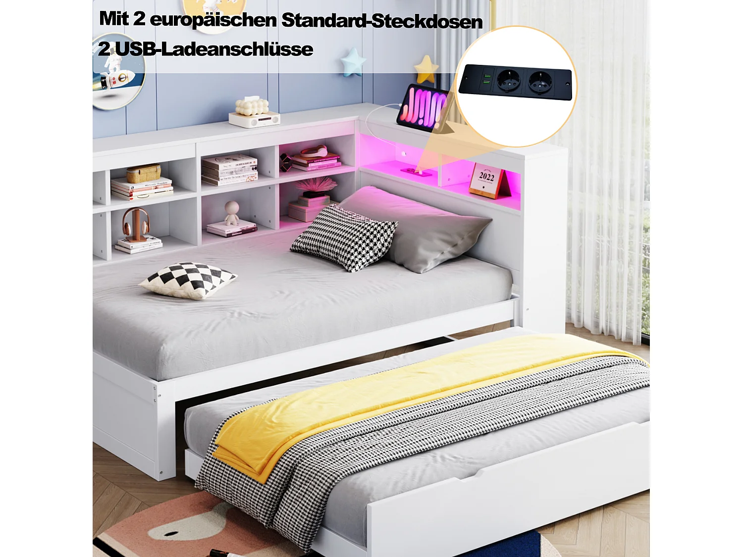 Lit banquette enfant 90 x 200 cm avec lit gigogne 90x190cm - prise USB, LED et rangement - Blanc