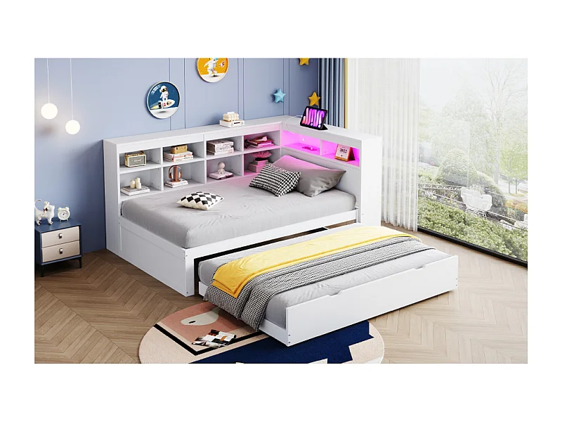 Lit banquette enfant 90 x 200 cm avec lit gigogne 90x190cm - prise USB, LED et rangement - Blanc