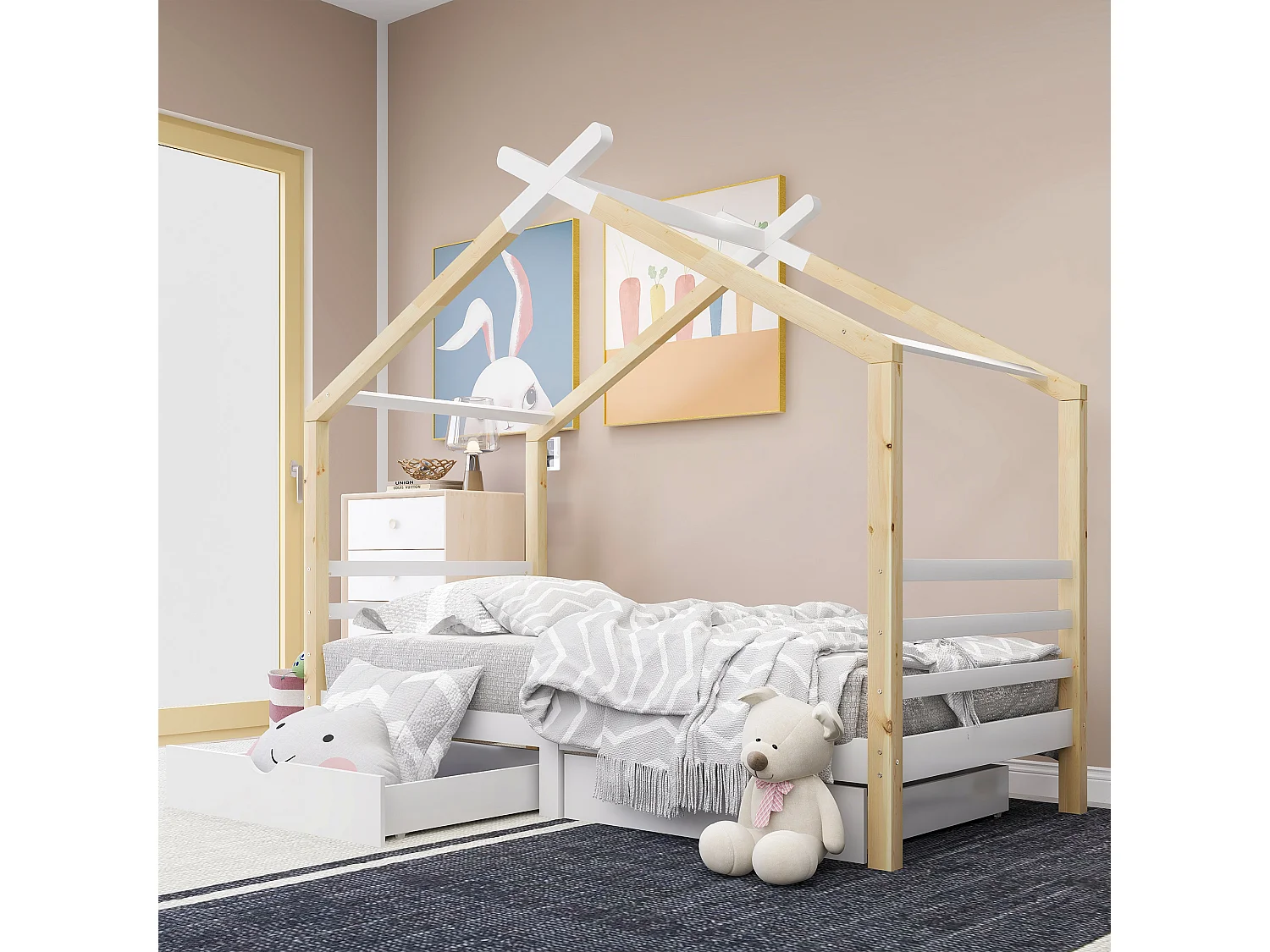 Kinderkajuitbed 90x200cm met 2 lades - Licht naturel en wit