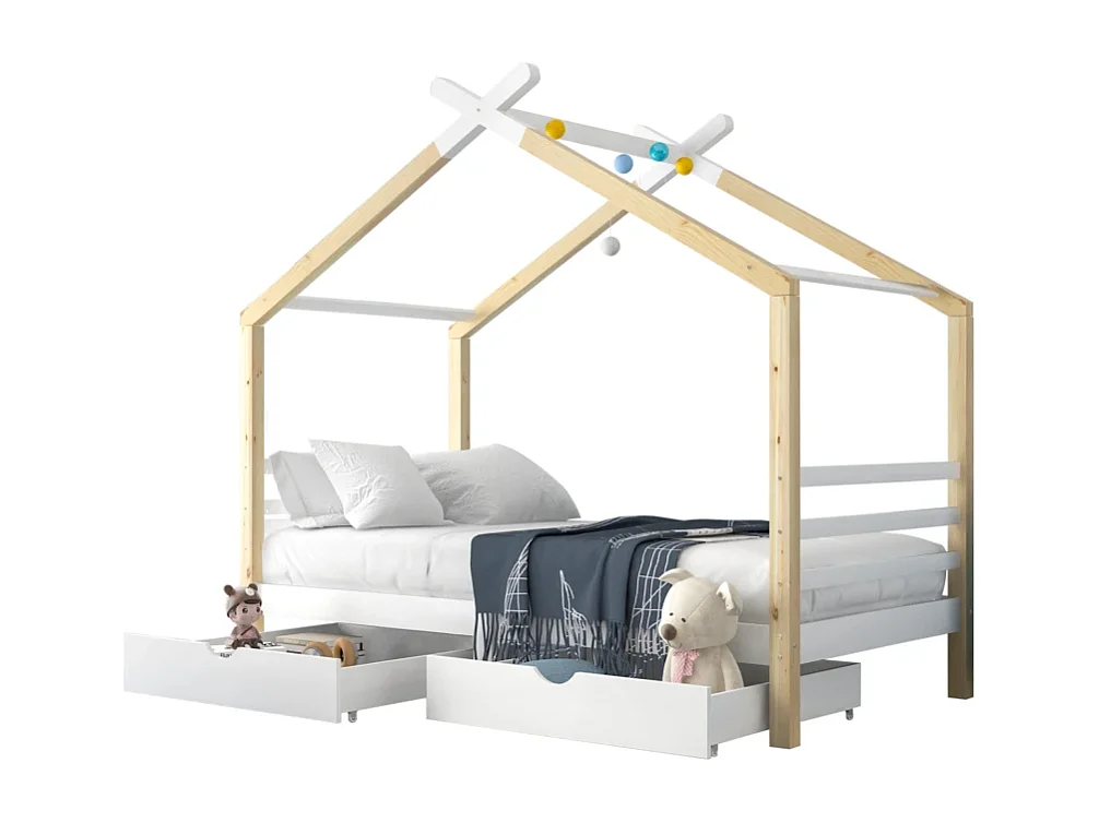 Kinderkajuitbed 90x200cm met 2 lades - Licht naturel en wit