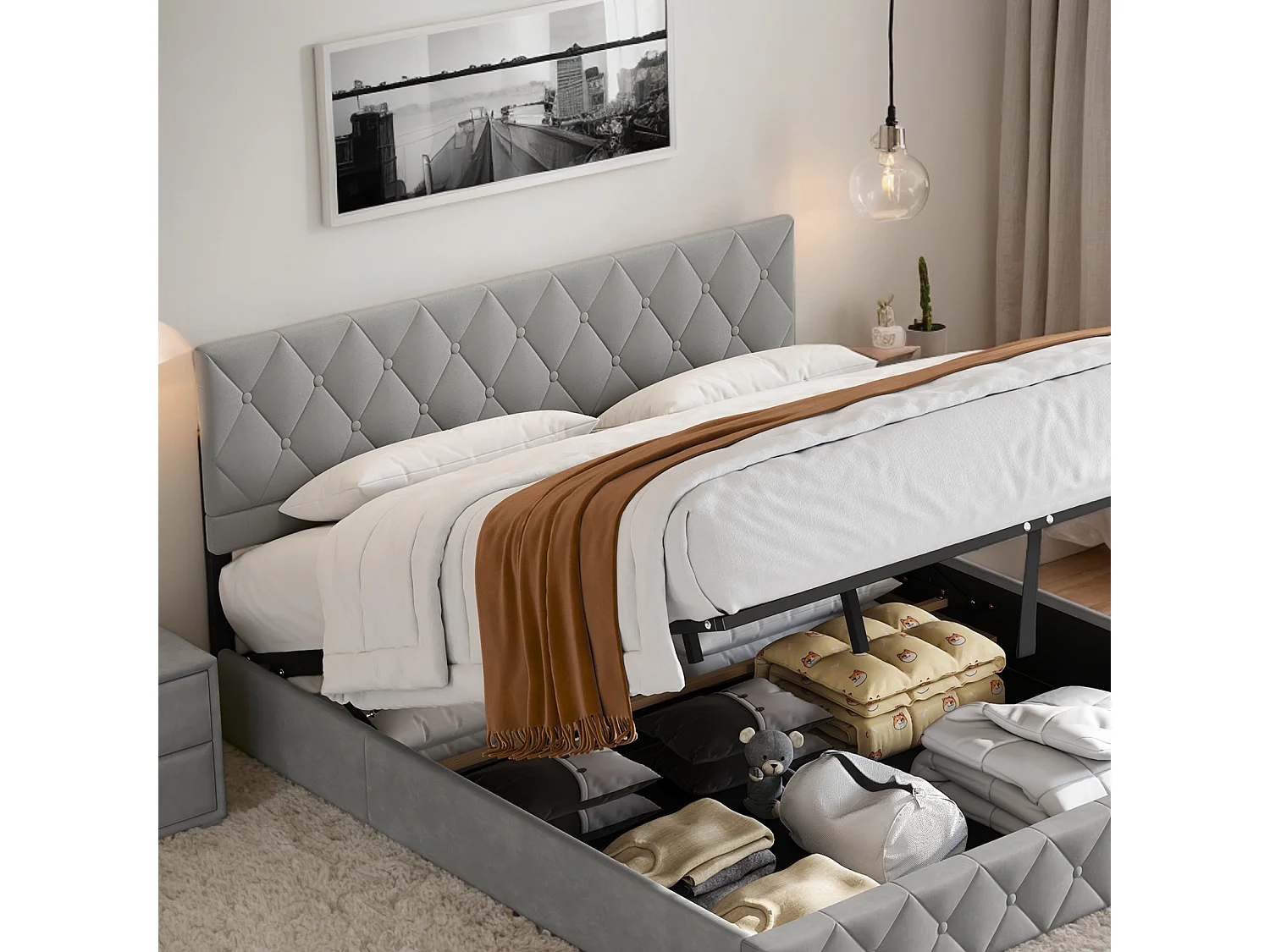 Lit coffre 90x190 cm, lit adulte avec tête de lit de décoration couture bouton et sommier à lattes, gris, sans matelas