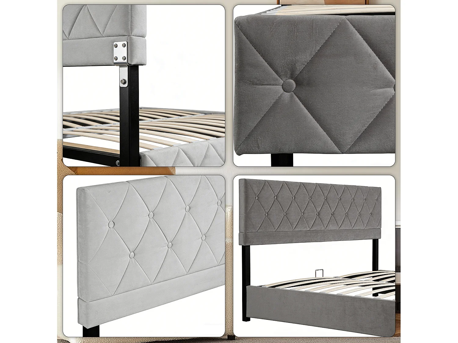 Lit coffre 90x190 cm, lit adulte avec tête de lit de décoration couture bouton et sommier à lattes, gris, sans matelas