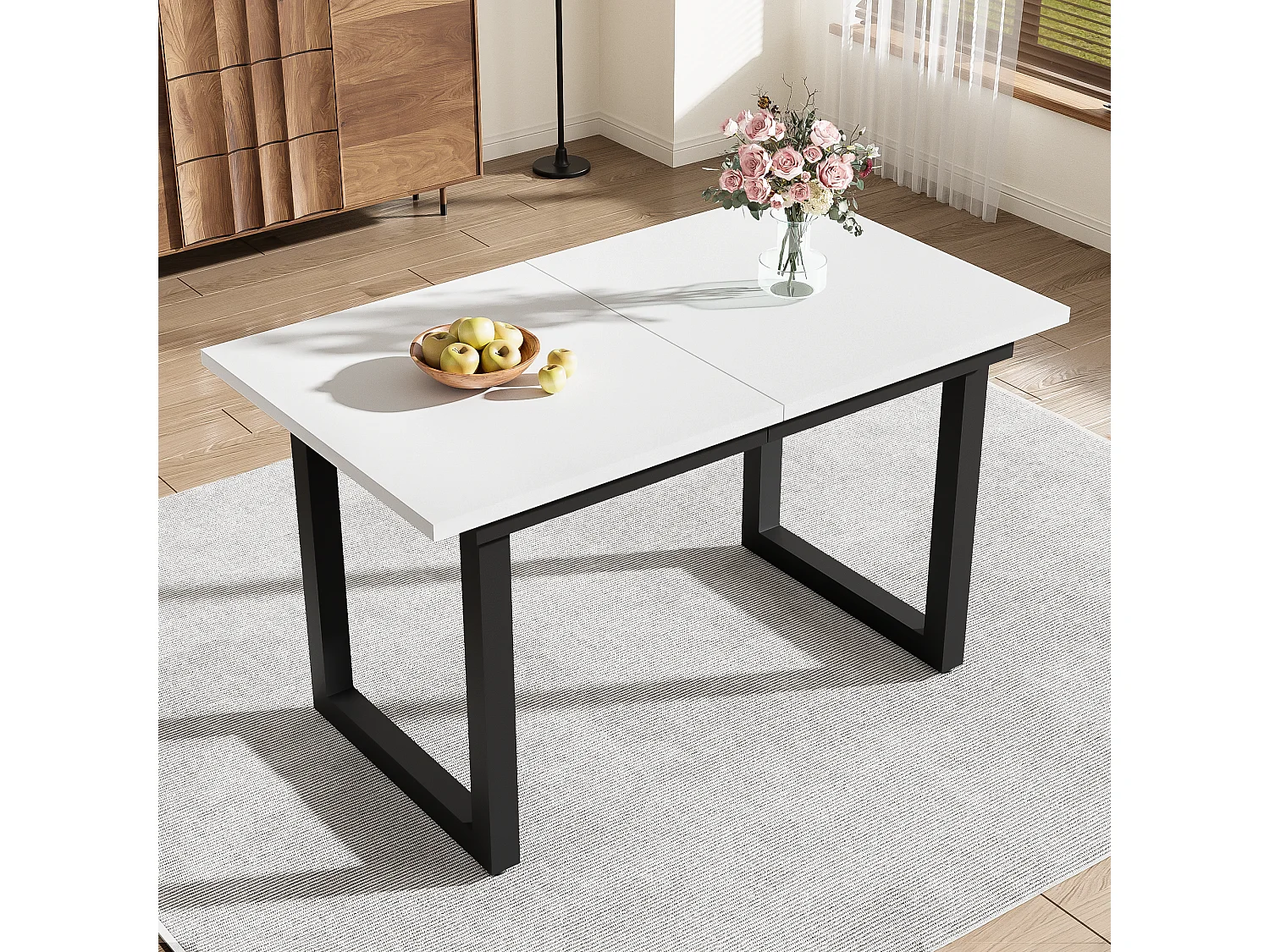 Table extensible 140/180 x 80 cm - Pieds en métal - Blanc et noir