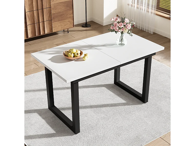 Table extensible 140/180 x 80 cm - Pieds en métal - Blanc et noir