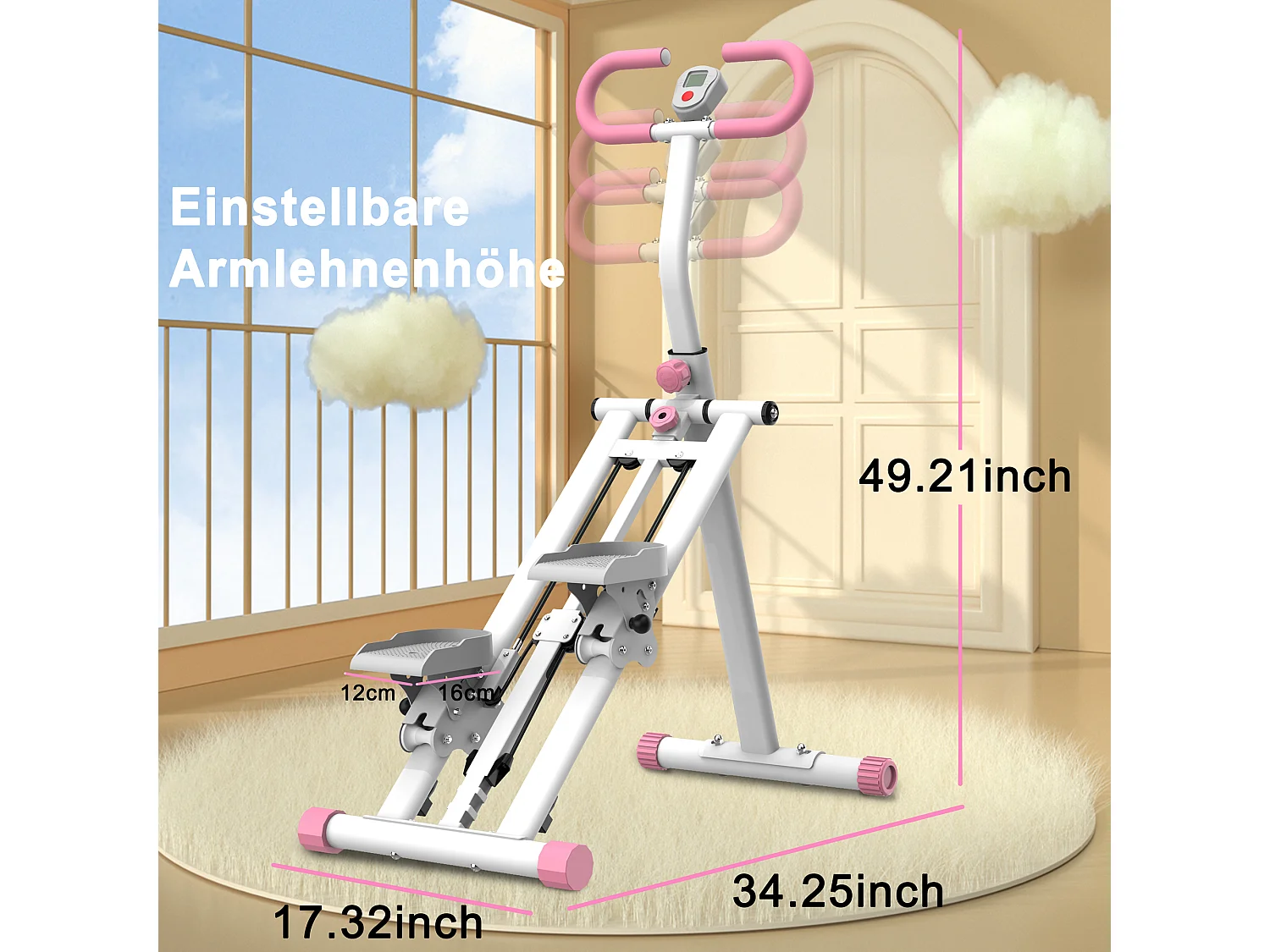 Traploopapparaat met 3 instelbare weerstandsniveaus - Wit en roze
