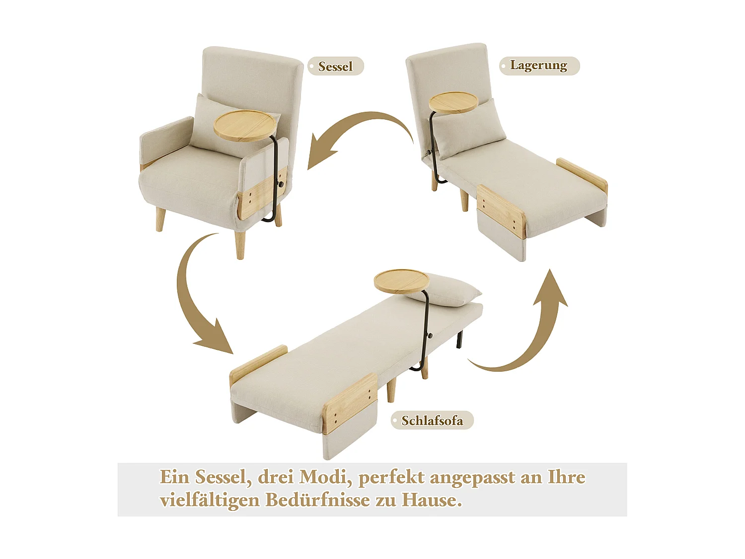 3-in-1 converteerbare fauteuil met bedfunctie - Kussen en houten onderstel - Beige linnen stof