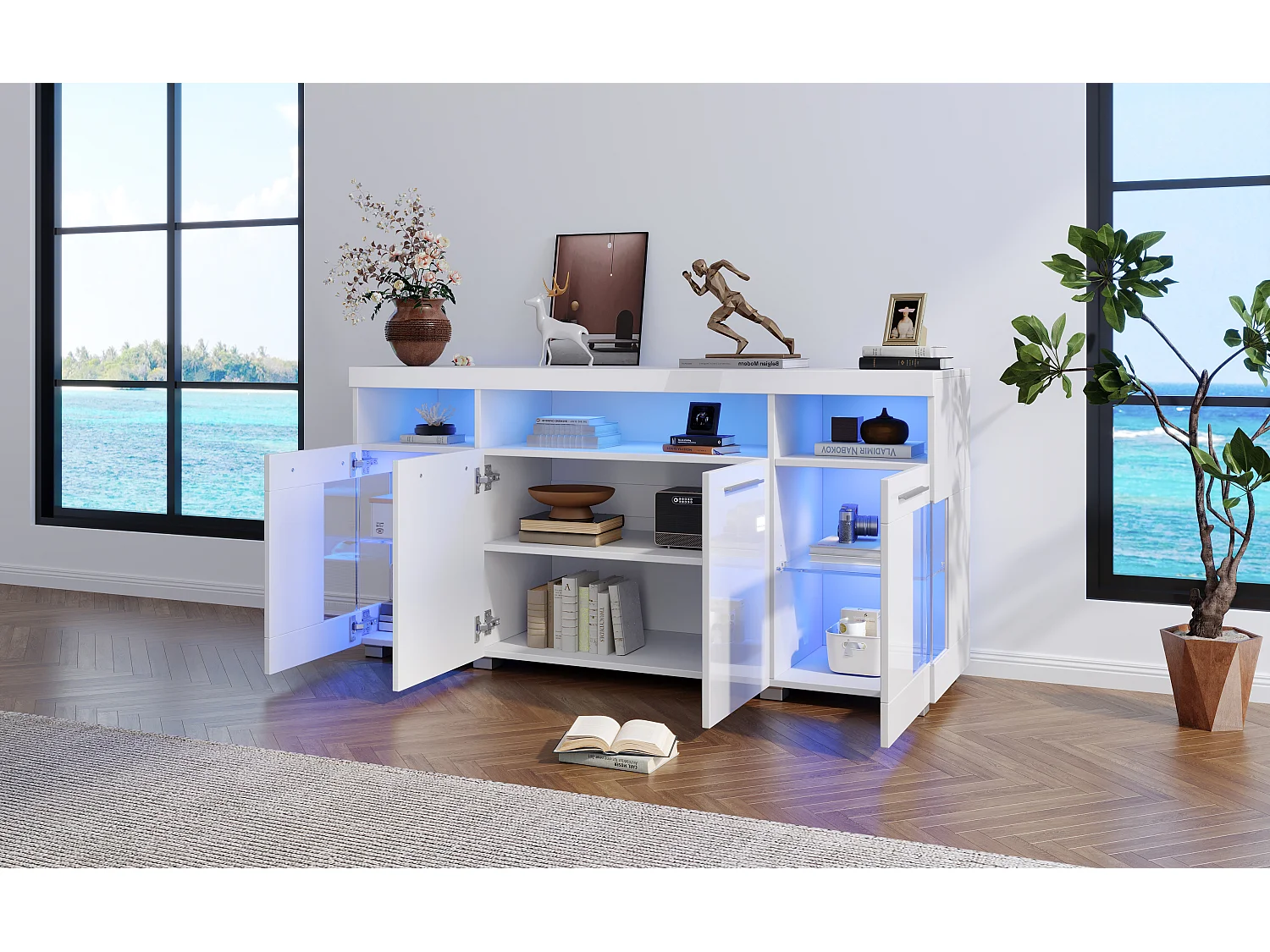 Aparador com 4 portas e iluminação LED - Madeira MDF + vidro temperado - Acabamento branco brilhante