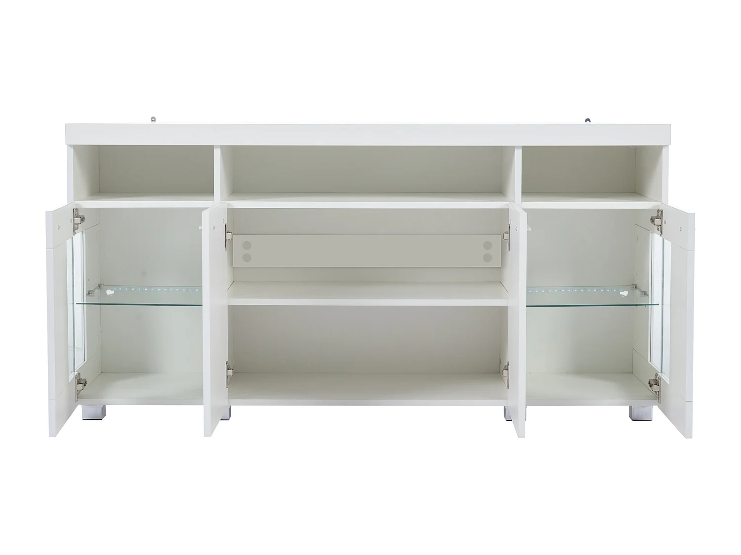 Aparador com 4 portas e iluminação LED - Madeira MDF + vidro temperado - Acabamento branco brilhante