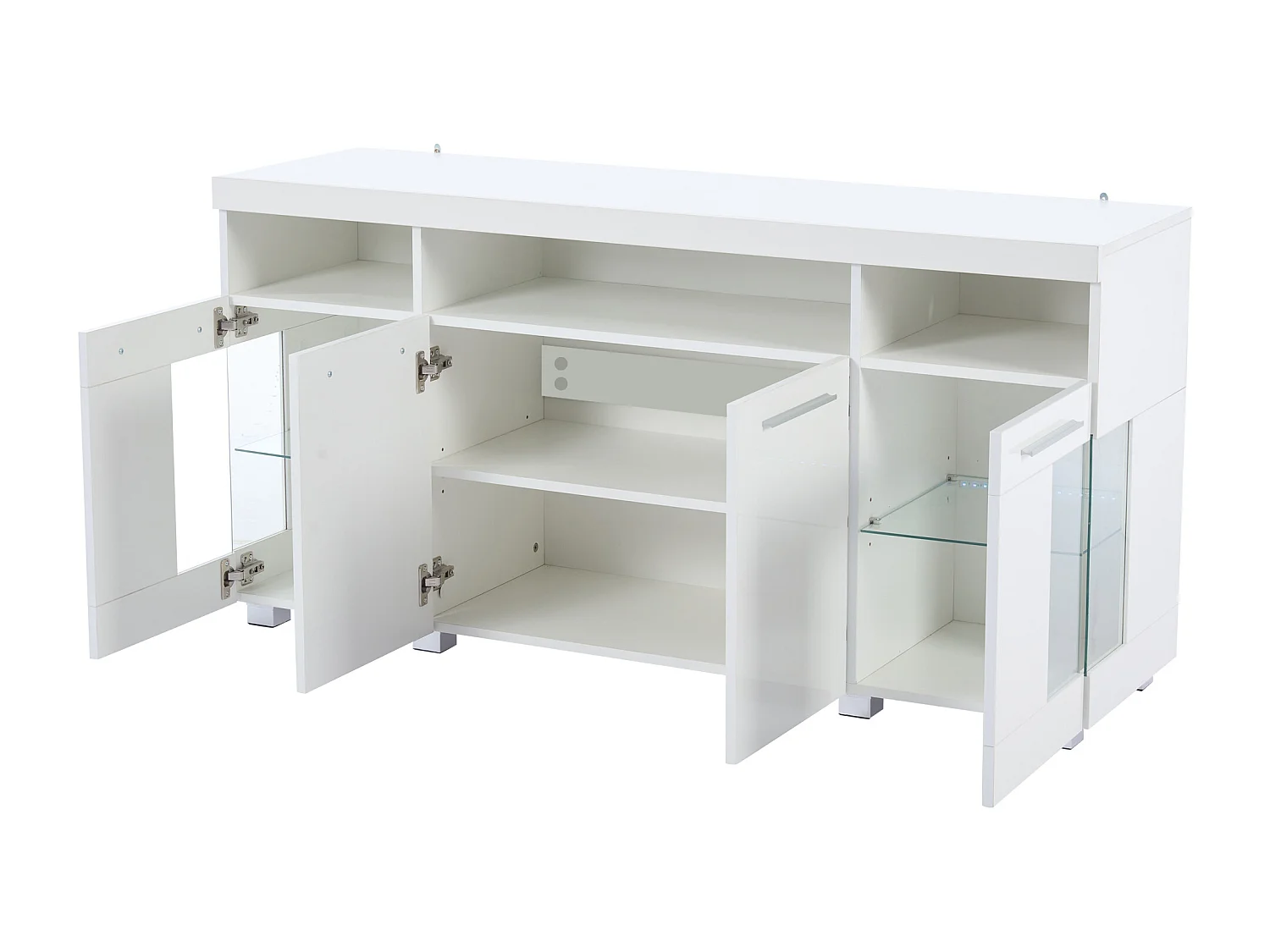 Aparador com 4 portas e iluminação LED - Madeira MDF + vidro temperado - Acabamento branco brilhante