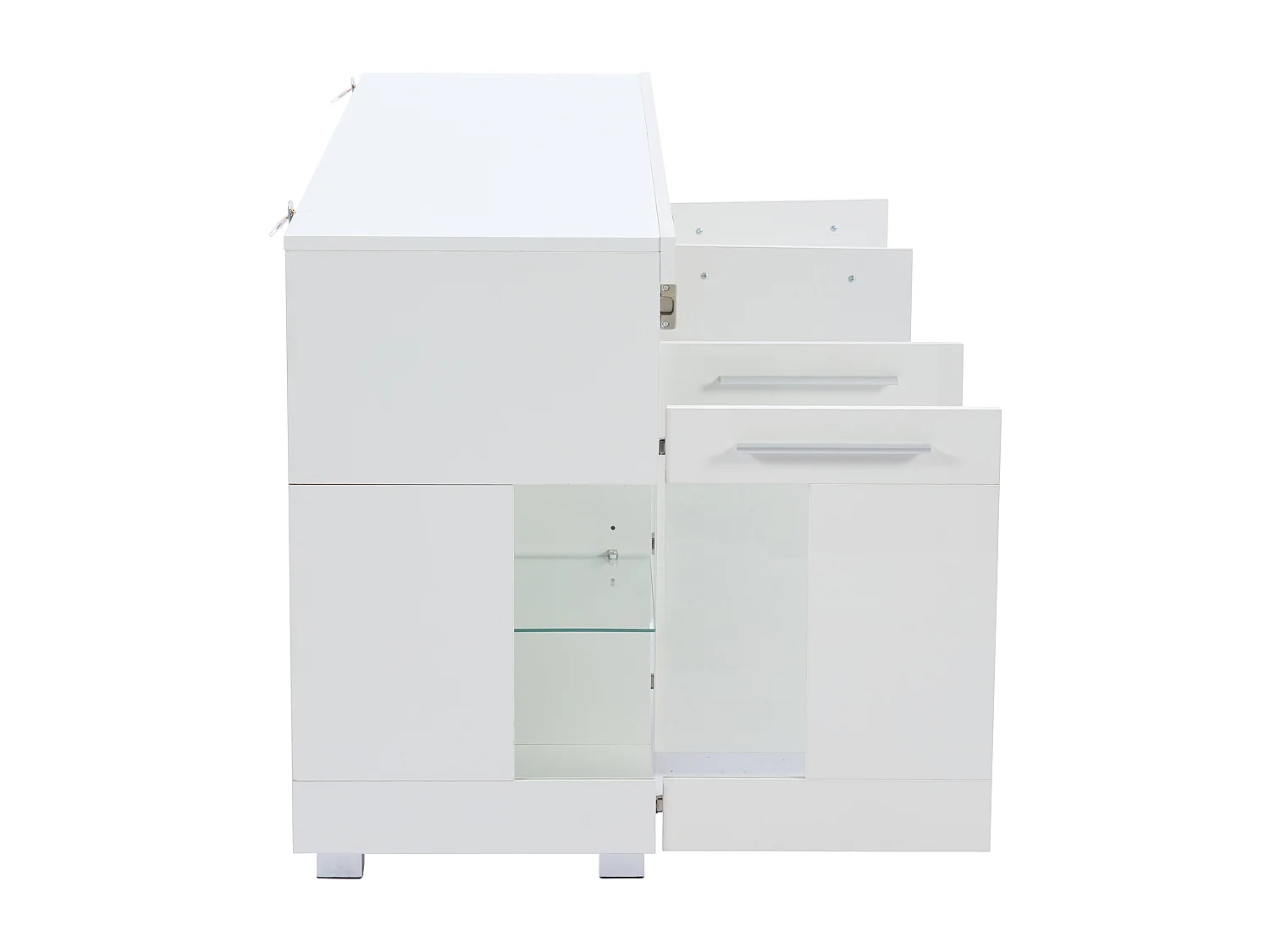 Aparador com 4 portas e iluminação LED - Madeira MDF + vidro temperado - Acabamento branco brilhante