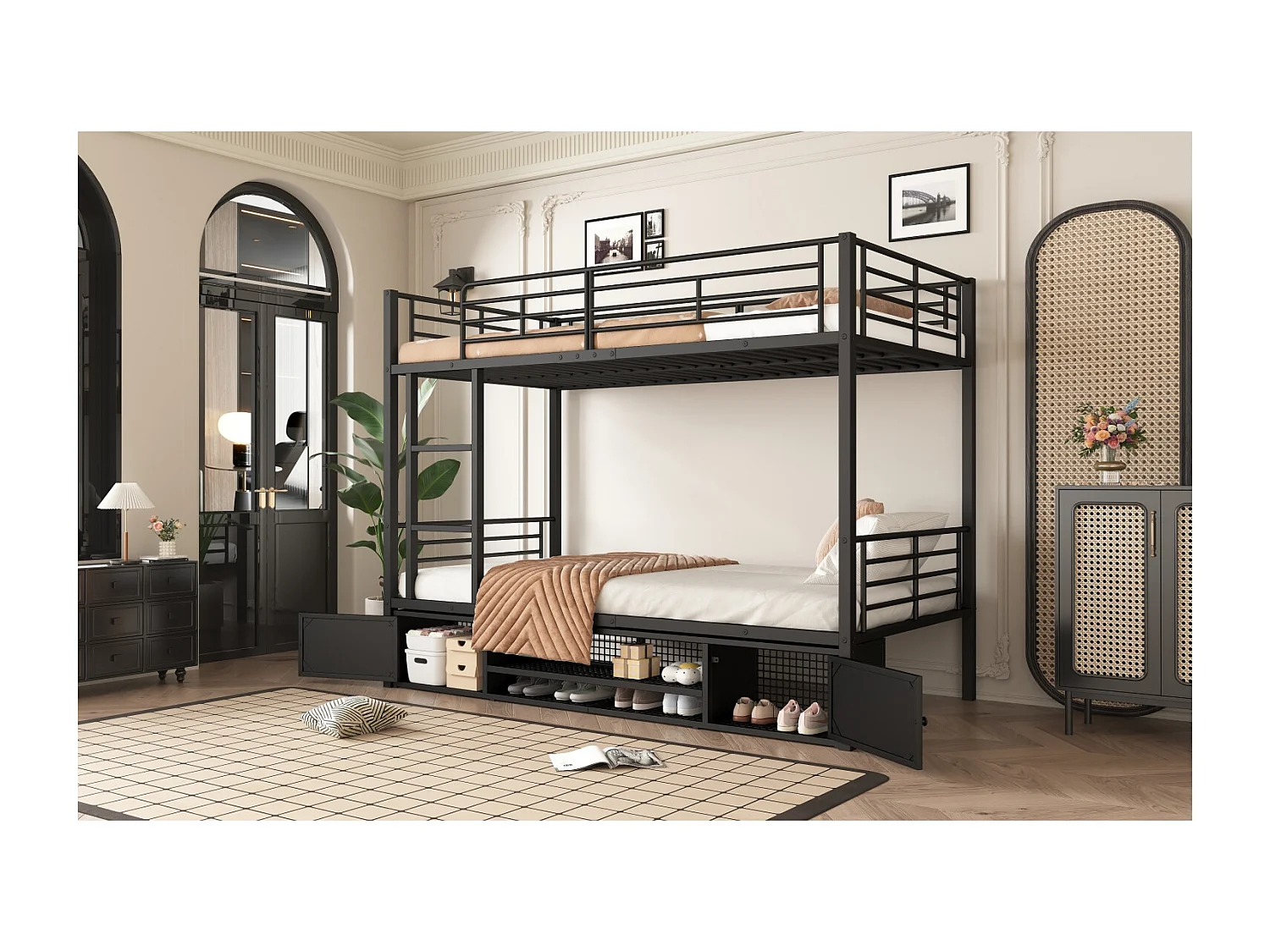 Letto a castello in metallo 90x200cm - Letto per bambini con scarpiera aperta e contenitore - Nero