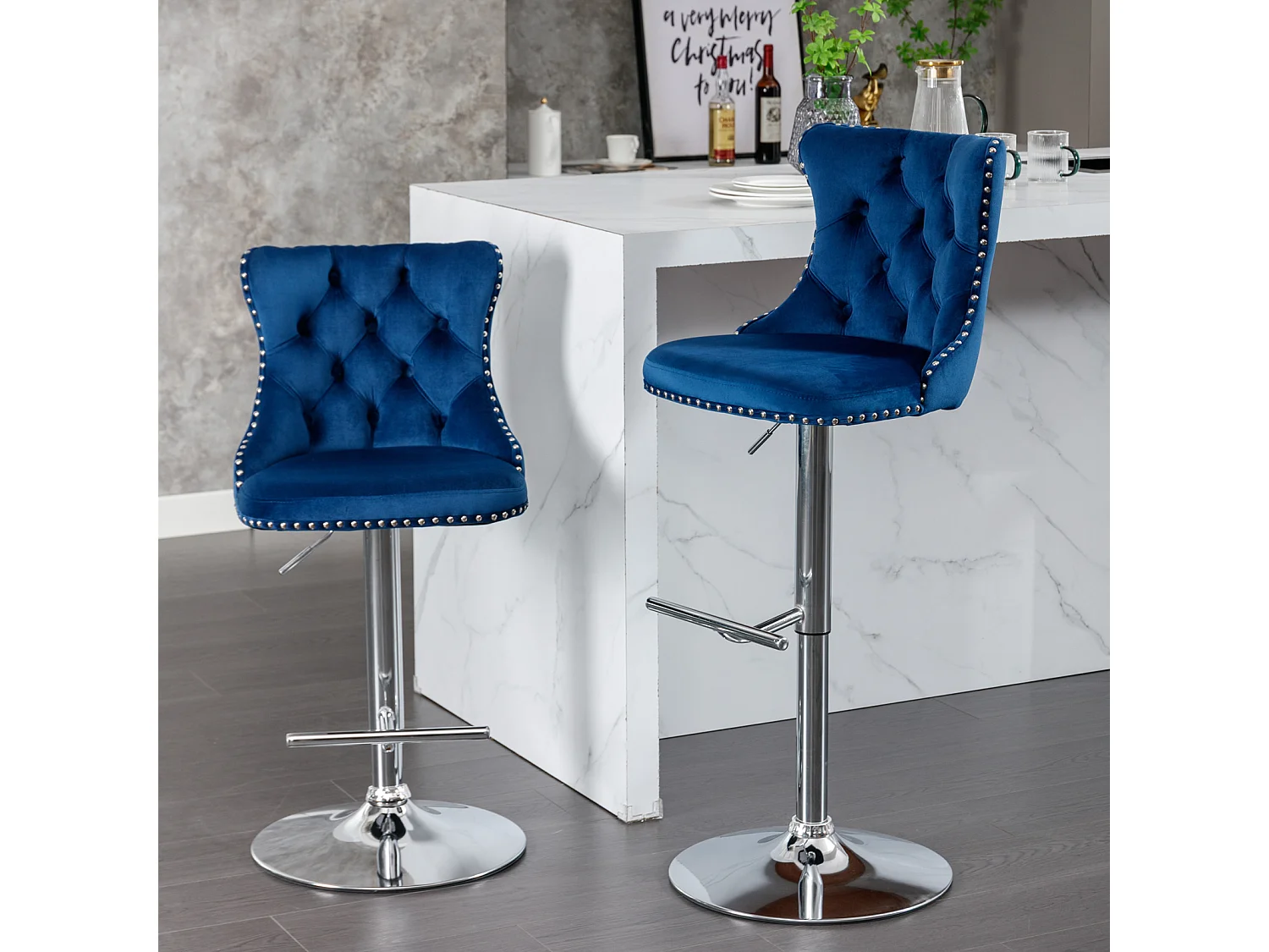 Lot de 2 tabourets de bar pivotants en velours - Hauteur réglable de 63,5 à 84 cm - Bleu et argent