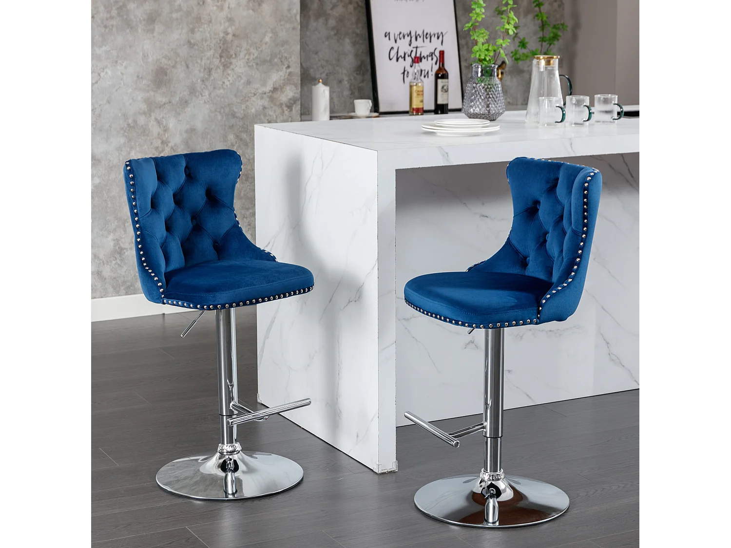Lot de 2 tabourets de bar pivotants en velours - Hauteur réglable de 63,5 à 84 cm - Bleu et argent
