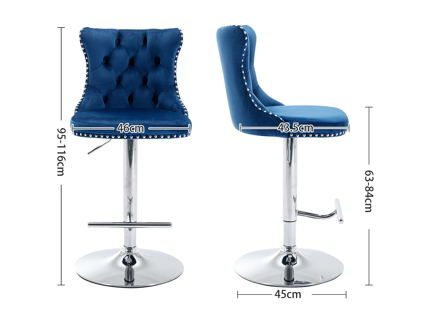 Lot de 2 tabourets de bar pivotants en velours - Hauteur réglable de 63,5 à 84 cm - Bleu et argent