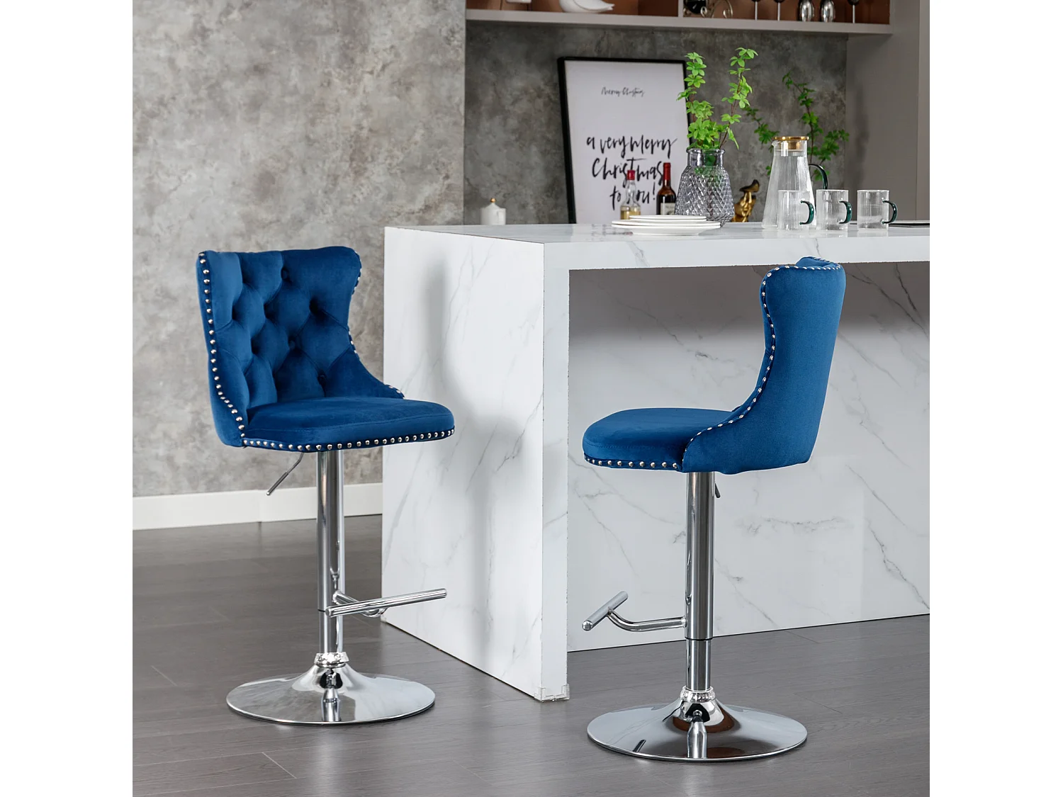 Lot de 2 tabourets de bar pivotants en velours - Hauteur réglable de 63,5 à 84 cm - Bleu et argent