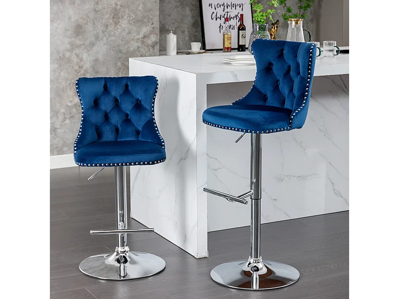Lot de 2 tabourets de bar pivotants en velours - Hauteur réglable de 63,5 à 84 cm - Bleu et argent