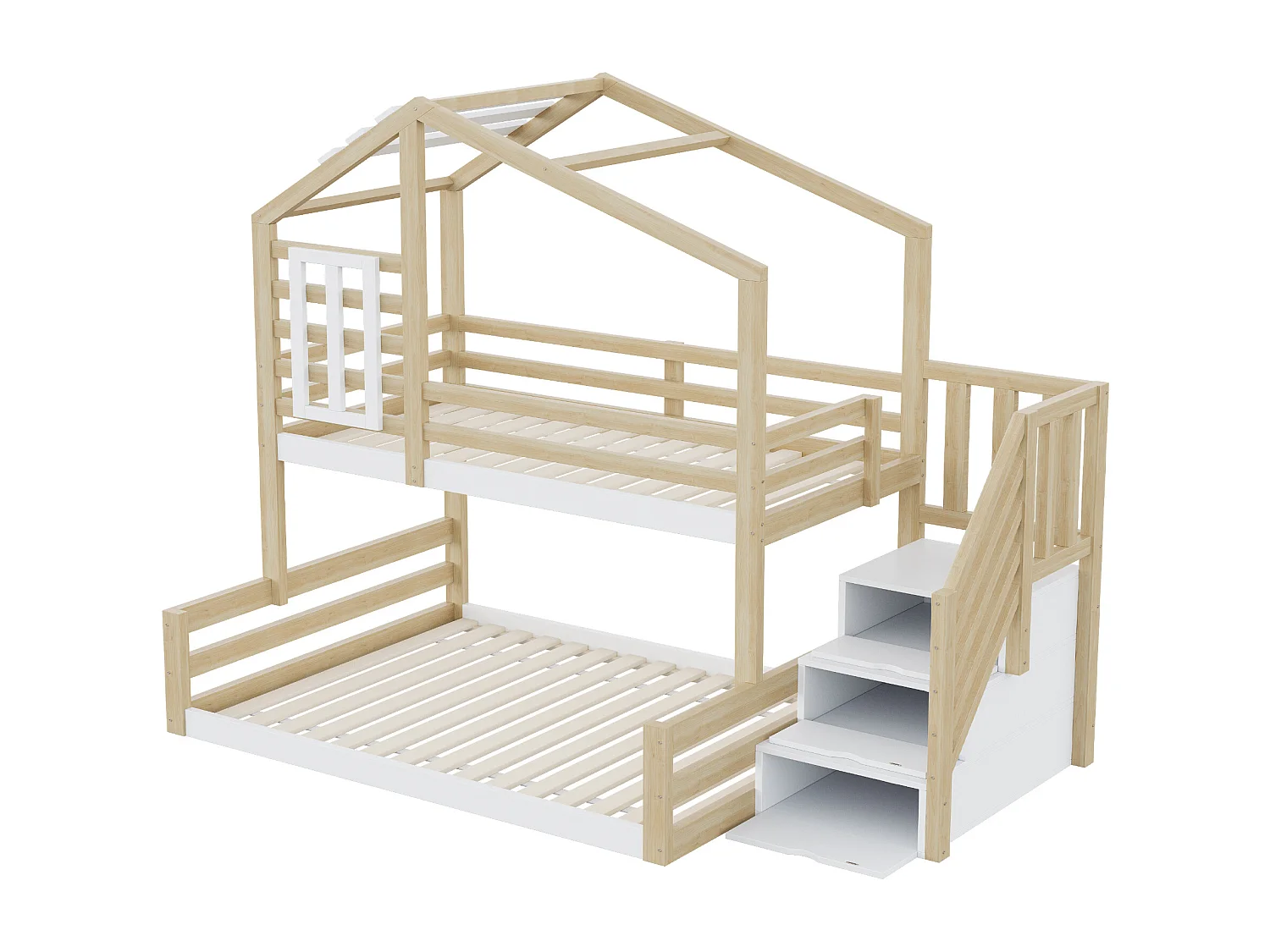 Beliche de 90 x 200 cm e 140 x 200 cm - Cama tipo cabine com arrumação - Cores naturais claras e branco