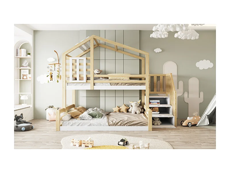 Beliche de 90 x 200 cm e 140 x 200 cm - Cama tipo cabine com arrumação - Cores naturais claras e branco