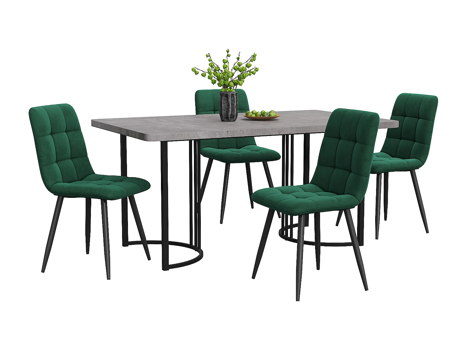 Tafel en 4 stoelen - Grijs MDF-tafelblad - Donkergroene fluwelen stoelen