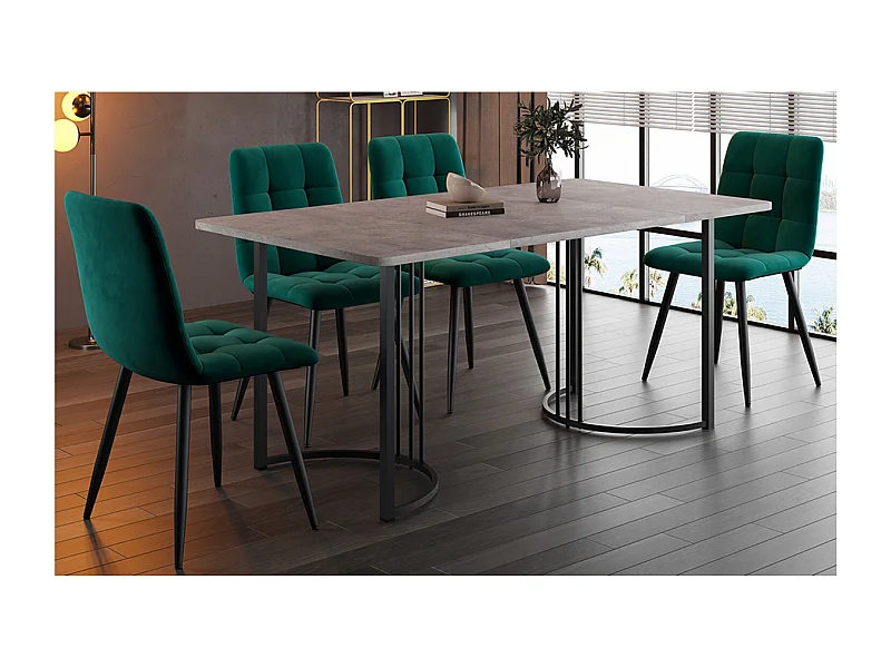 Tafel en 4 stoelen - Grijs MDF-tafelblad - Donkergroene fluwelen stoelen