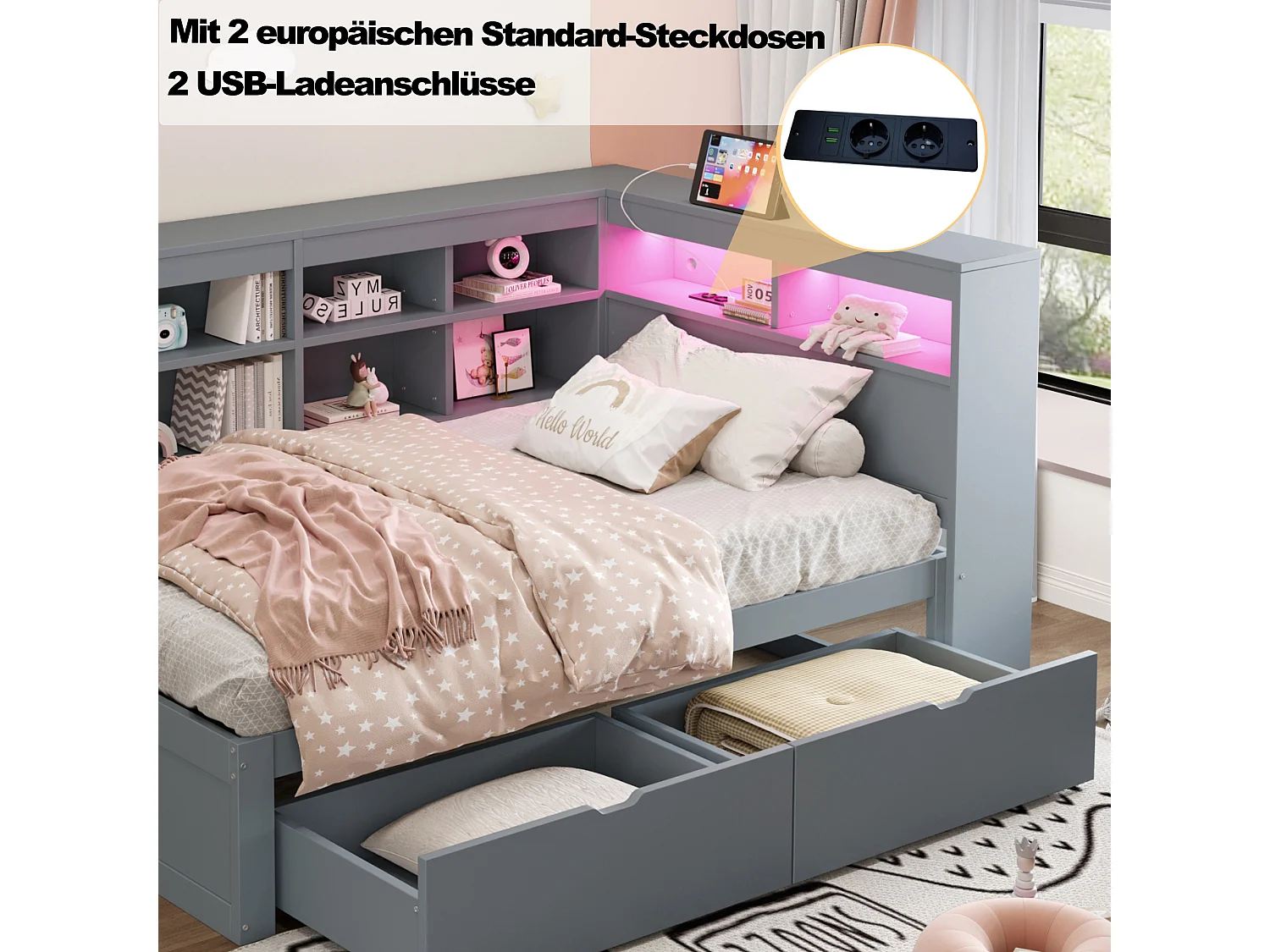 Daybed 90x200 cm con 2 cajones, puerto USB y LED - Cama individual multifuncional de madera - Gris