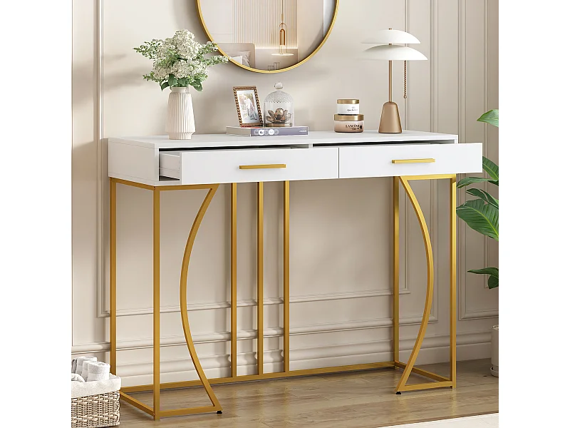Console avec 2 tiroir - Pieds métal doré - Blanc 110x32x85 cm