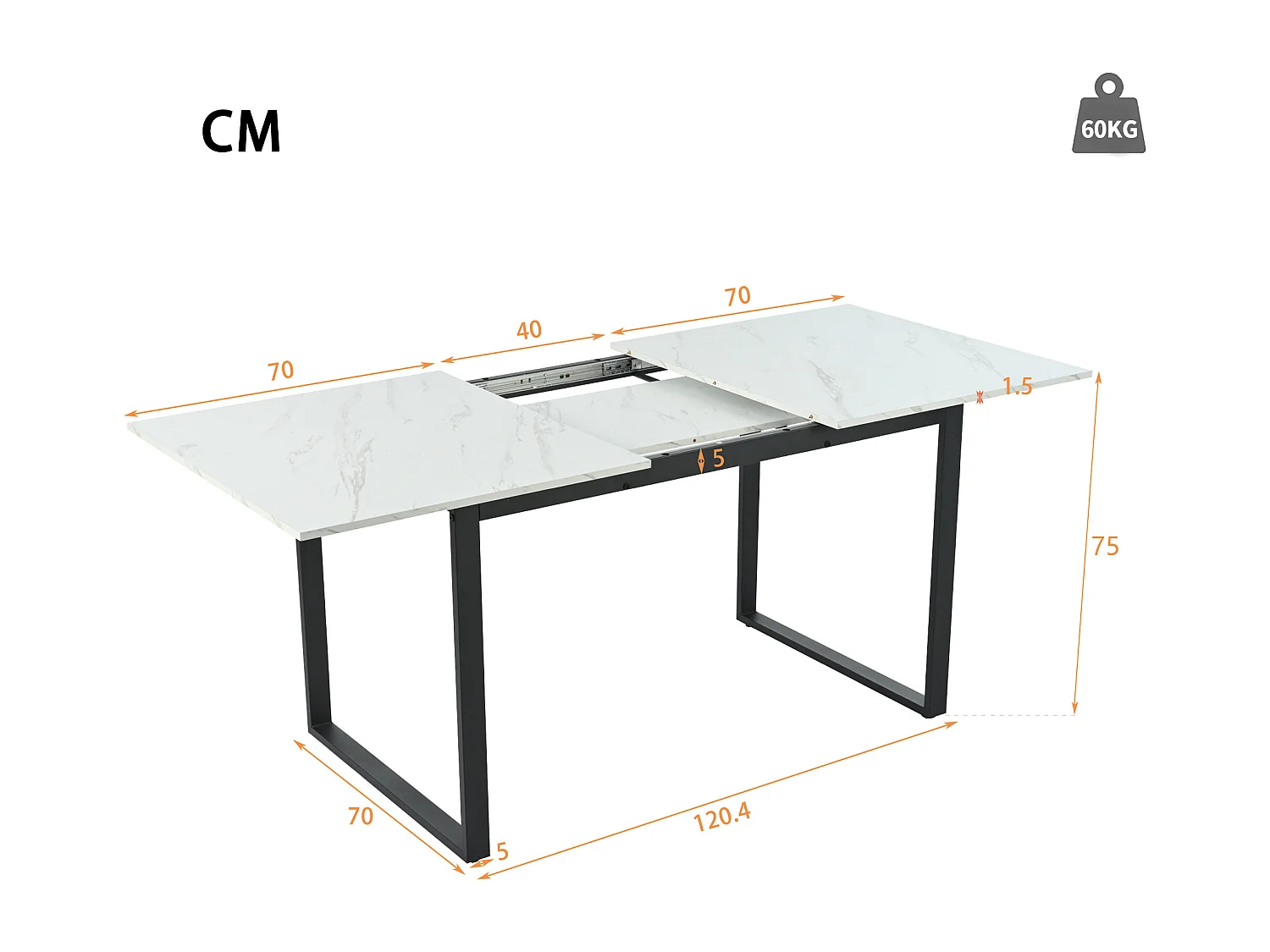 Table à manger extensible 140/180x80 - Pieds en métal et tubes carrés - Effet marbre blanche