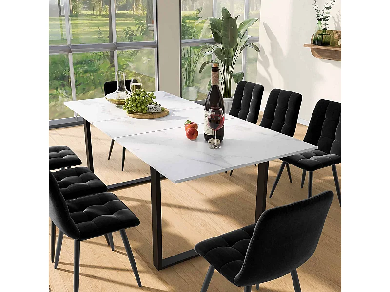 Table à manger extensible 140/180x80 - Pieds en métal et tubes carrés - Effet marbre blanche
