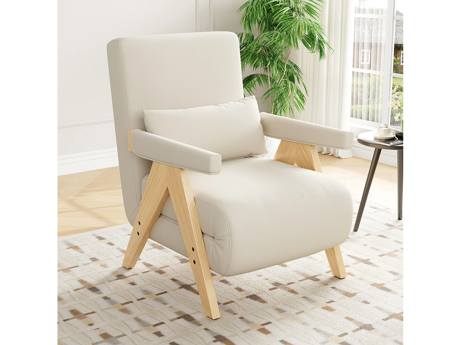 3-in-1 converteerbare fauteuil met slaapfunctie en kussen - Beige linnen stof