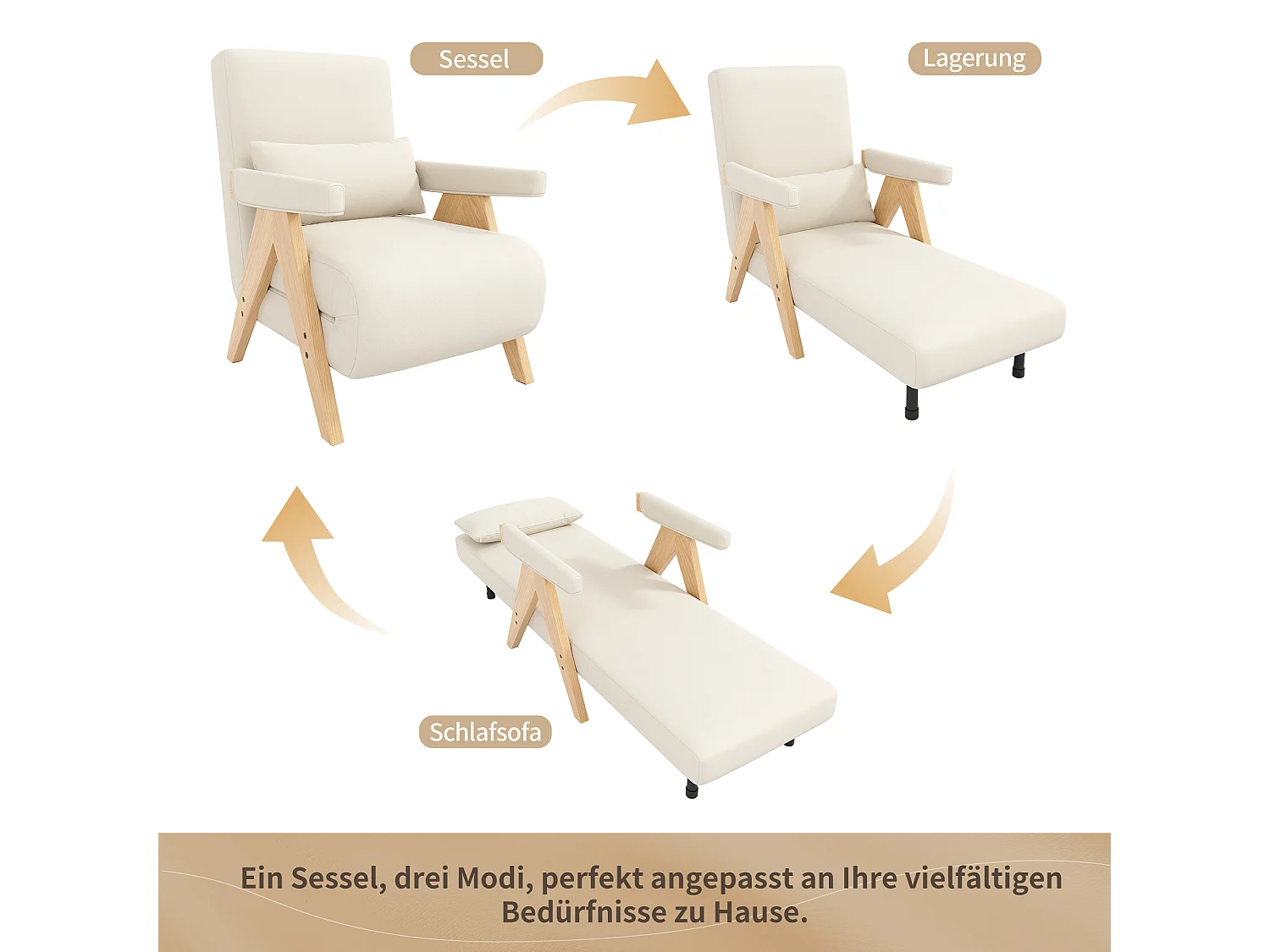 3-in-1 converteerbare fauteuil met slaapfunctie en kussen - Beige linnen stof