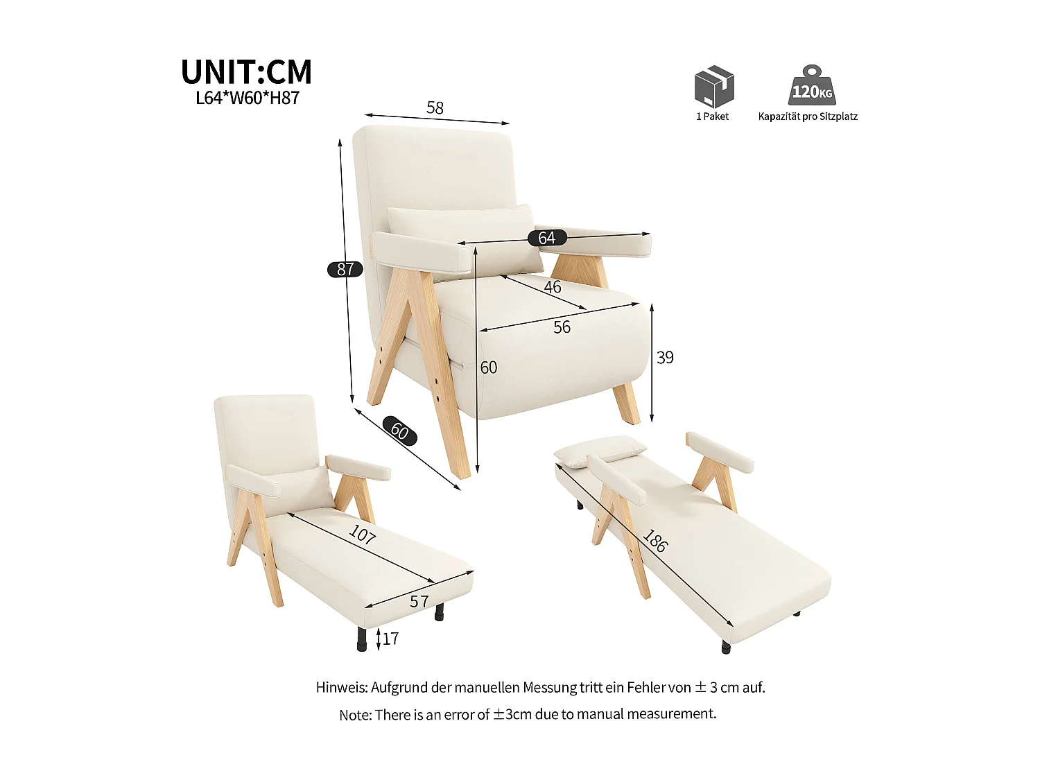 3-in-1 converteerbare fauteuil met slaapfunctie en kussen - Beige linnen stof