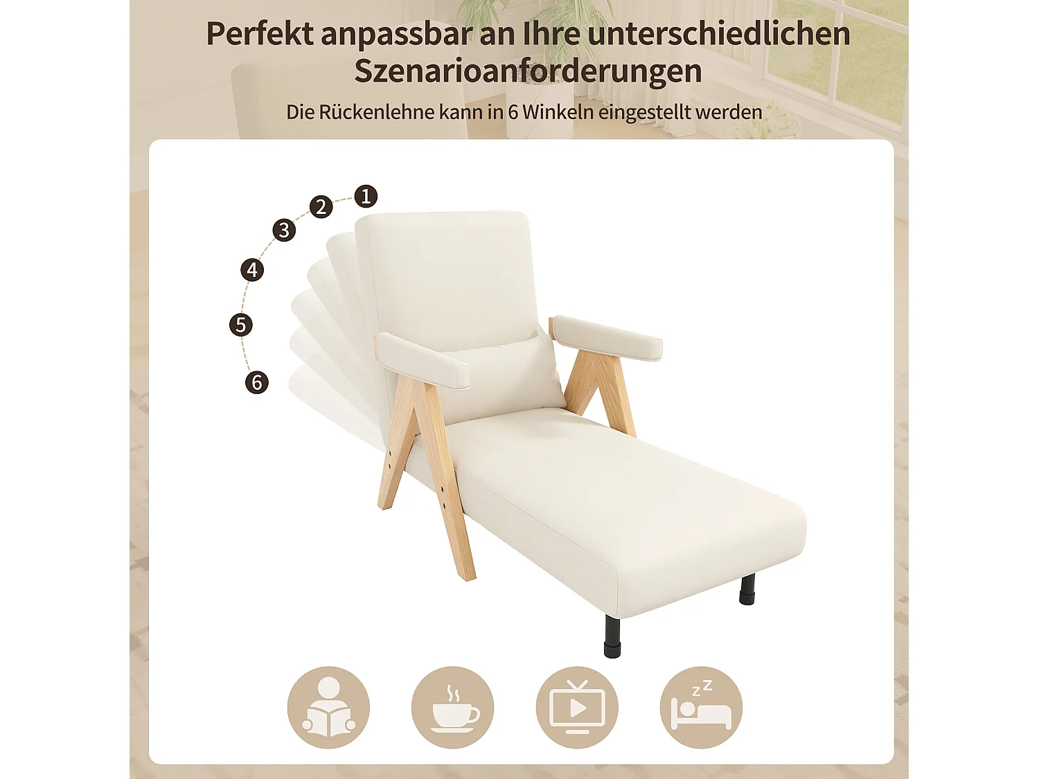 3-in-1 converteerbare fauteuil met slaapfunctie en kussen - Beige linnen stof