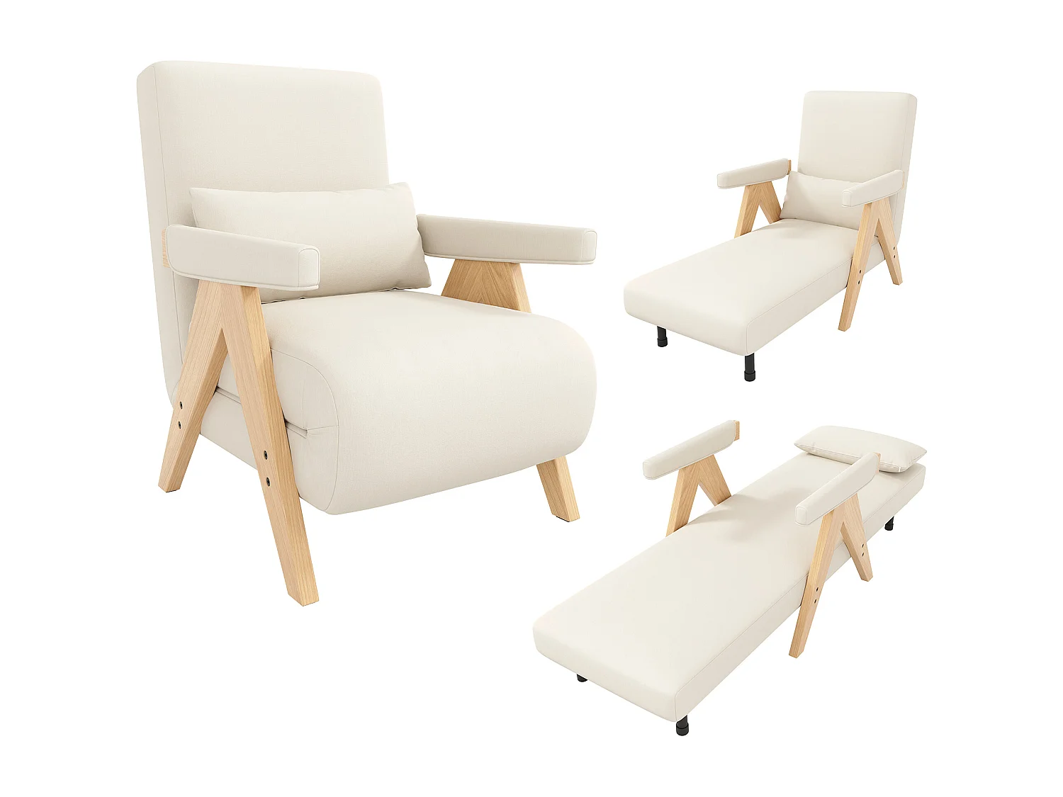 3-in-1 converteerbare fauteuil met slaapfunctie en kussen - Beige linnen stof