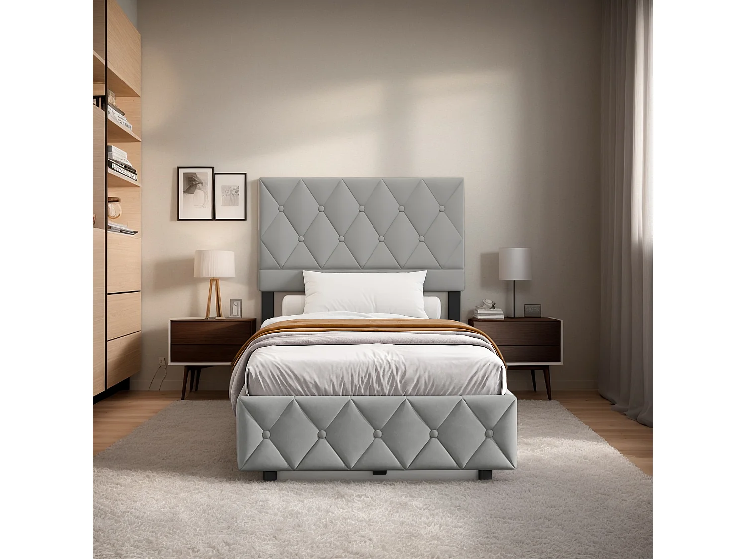 Cama con almacenamiento de 90x200 cm, cama para adultos con cabecero decorativo con botones cosidos y base de láminas, color gris, sin colchón.