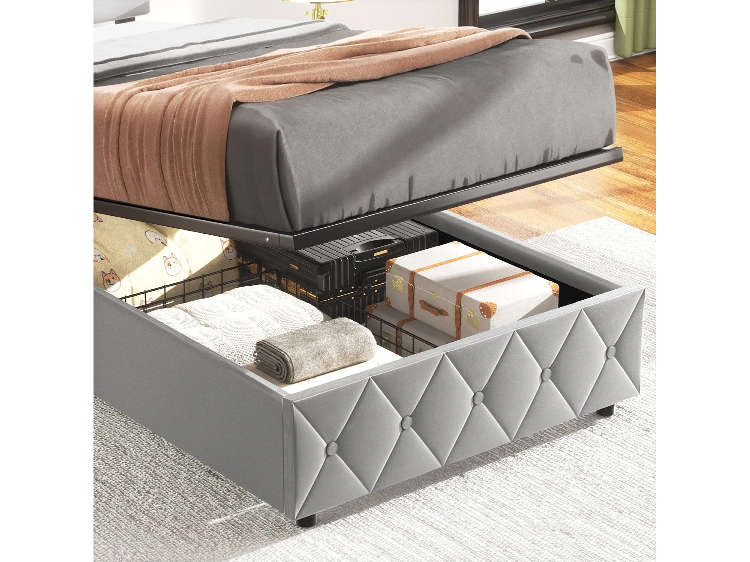 Cama con almacenamiento de 90x200 cm, cama para adultos con cabecero decorativo con botones cosidos y base de láminas, color gris, sin colchón.