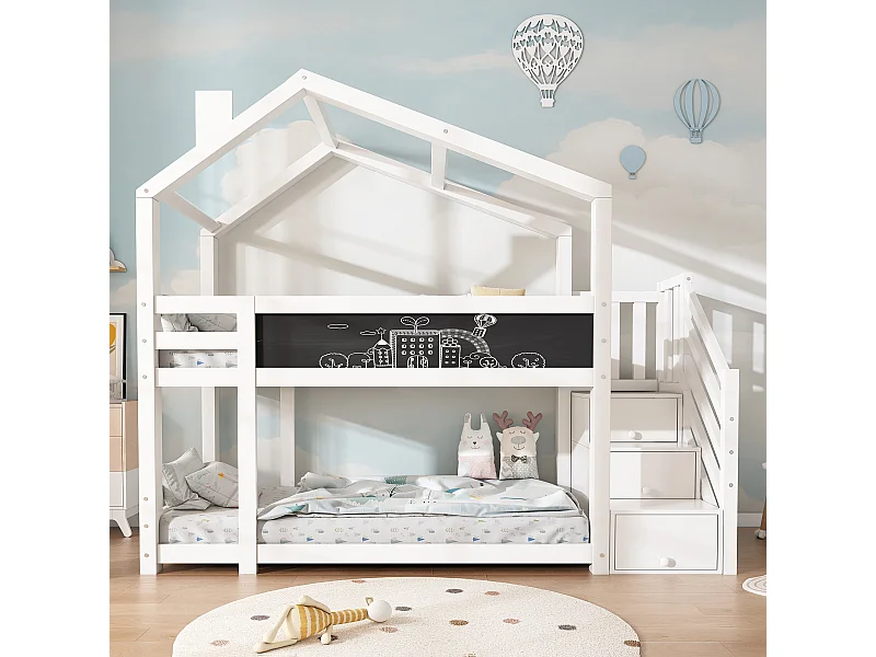Letto a castello 90x200 cm con lavagna e contenitore - Letto a castello in legno - Bianco