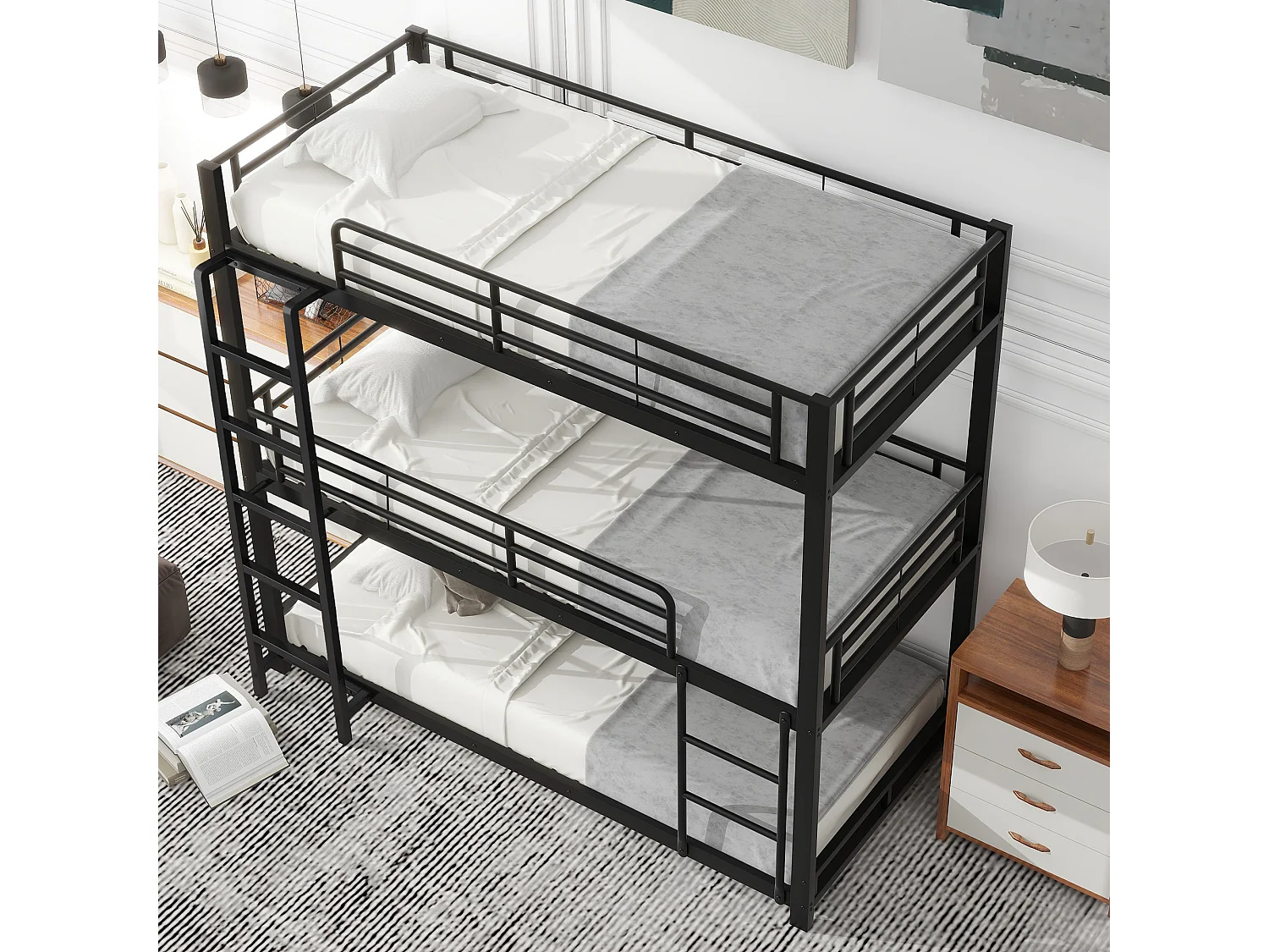 Driepersoons stapelbed 90x200 cm - Metalen kinderbed - Zwart