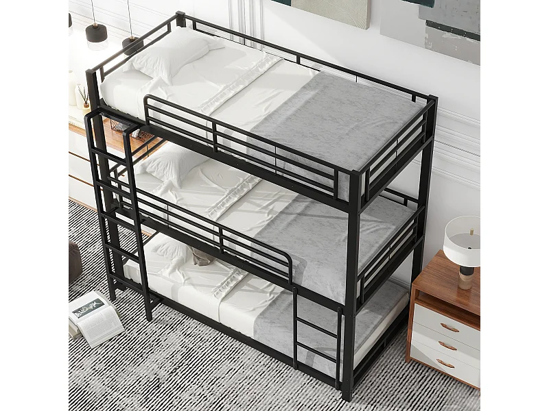 Driepersoons stapelbed 90x200 cm - Metalen kinderbed - Zwart