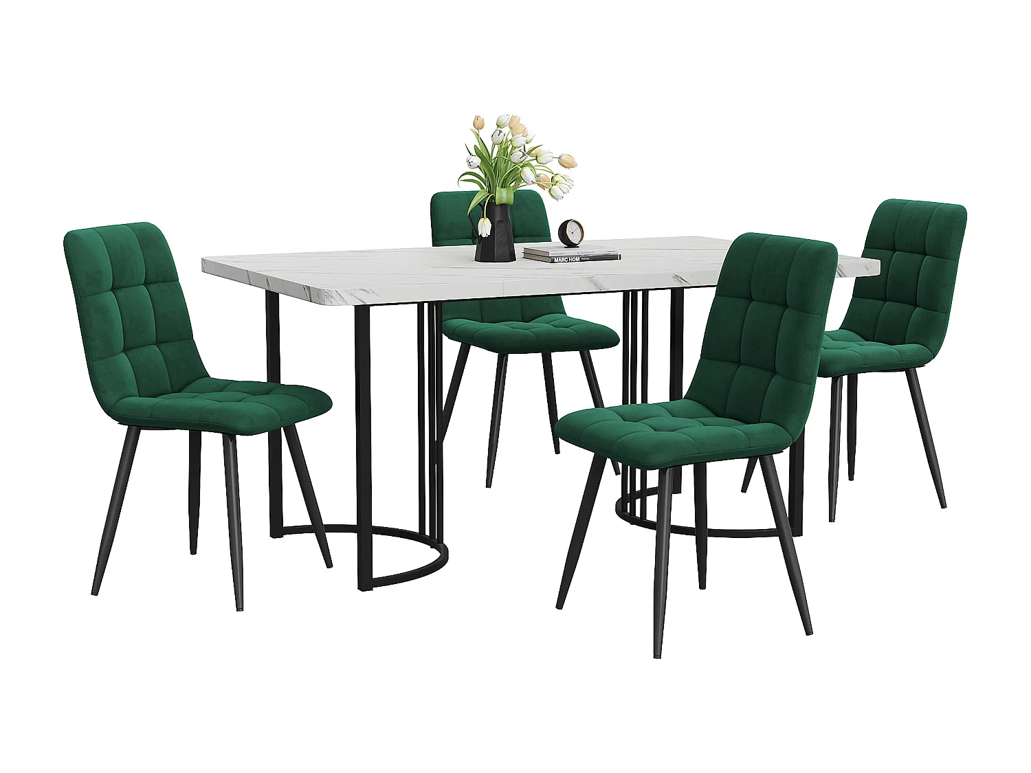 Tafel en 4 stoelen - Wit MDF-tafelblad - Donkergroene fluwelen stoelen