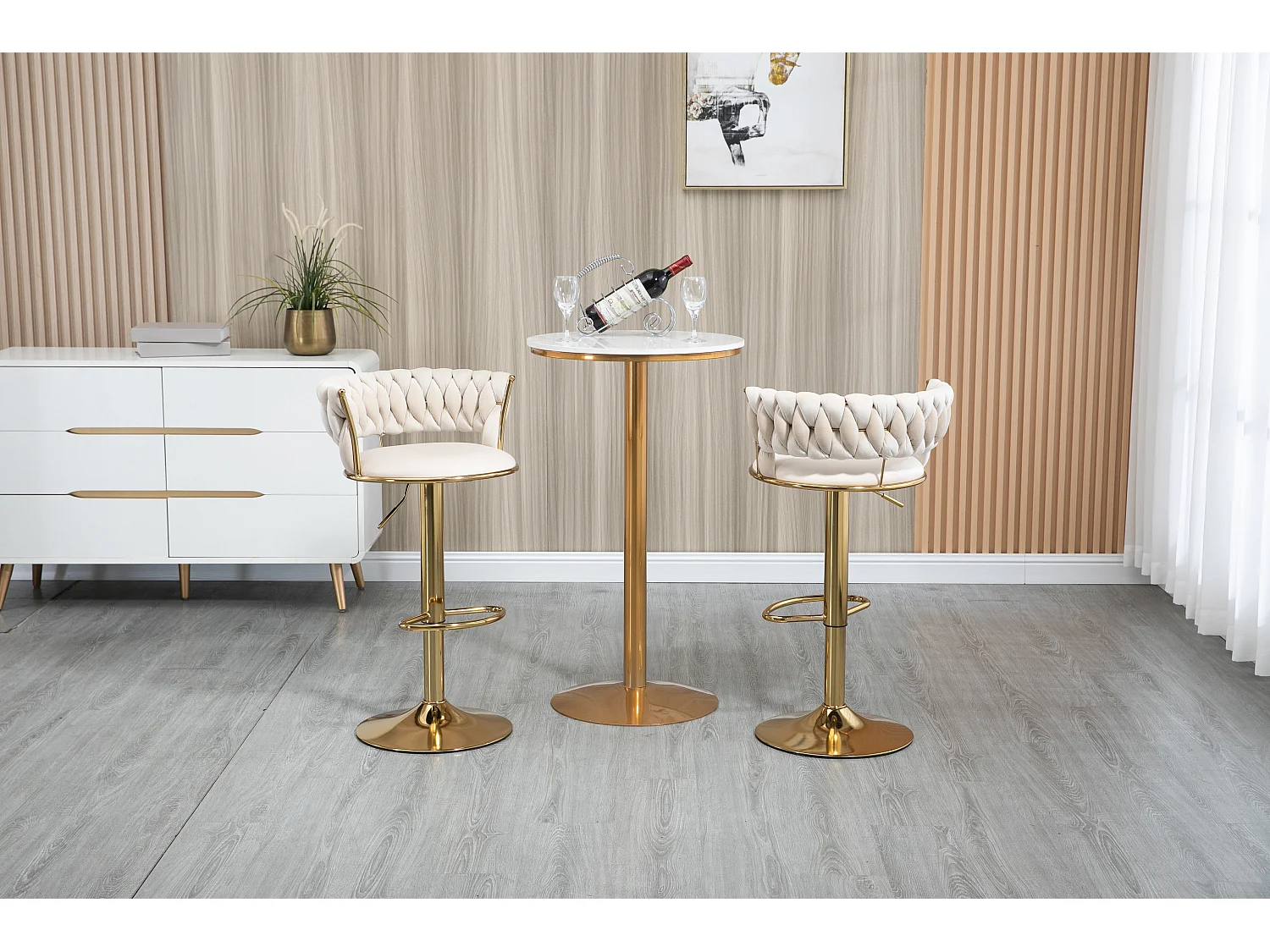 Set van 2 draaibare barkrukken in fluweel - Verstelbare hoogte - Ivoor en goud