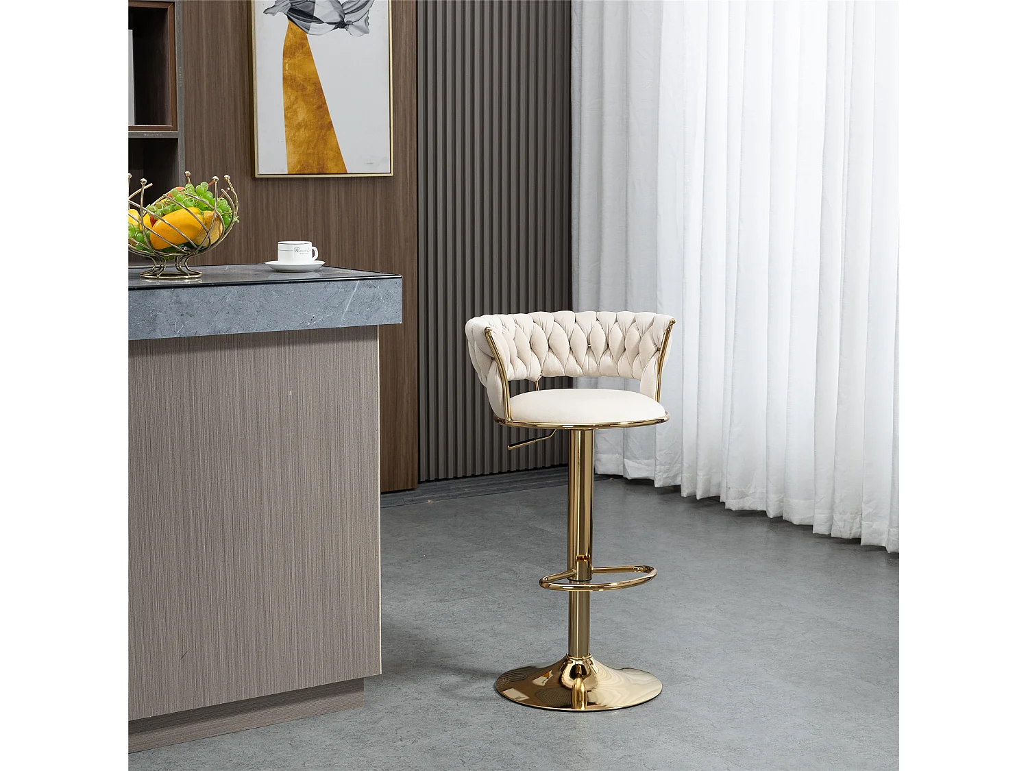 Set van 2 draaibare barkrukken in fluweel - Verstelbare hoogte - Ivoor en goud