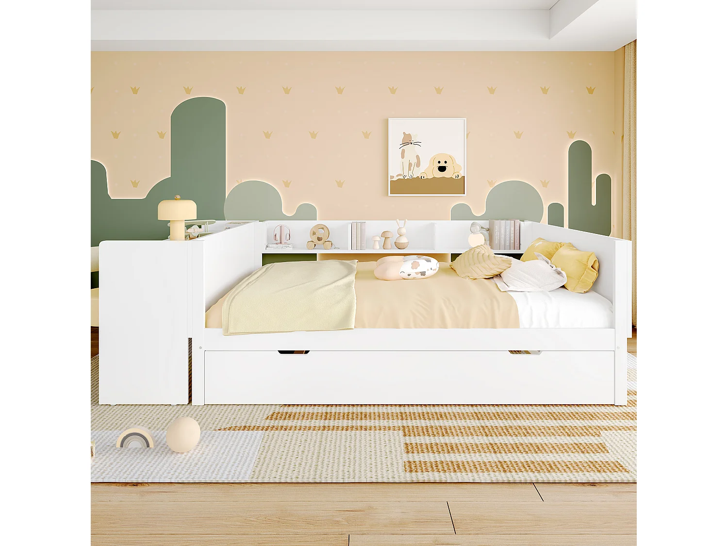 Lit enfant 140x200cm avec lit gigogne 90x200cm -bureau et rangement- Bois blanc