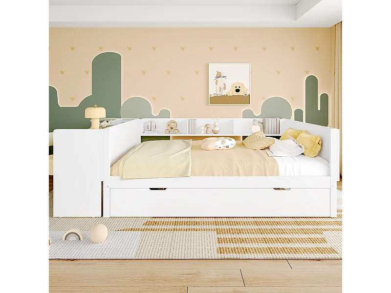 Lit enfant 140x200cm avec lit gigogne 90x200cm -bureau et rangement- Bois blanc